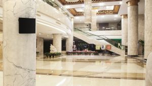 Atrium of a white marble bank